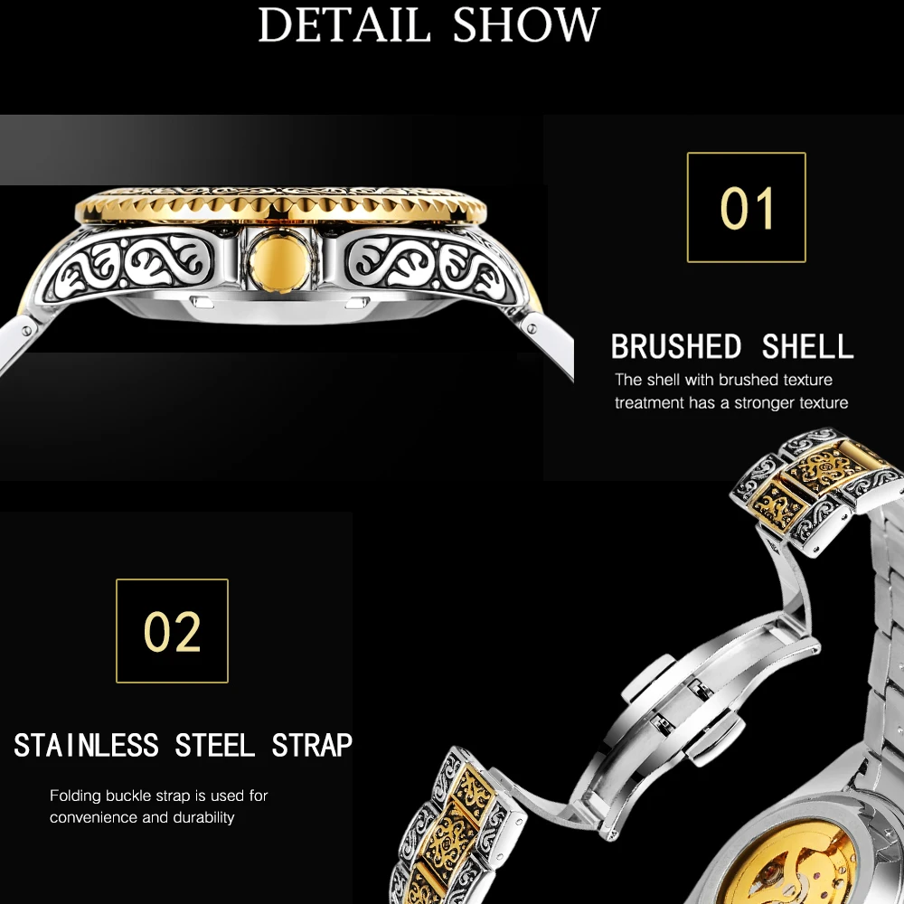 FORSINING Vintage Carving Mens Skeleton Luxury Automatic Mechanical Watches Hollow Rhinestone Dial Stainless Steel Fashion Clock