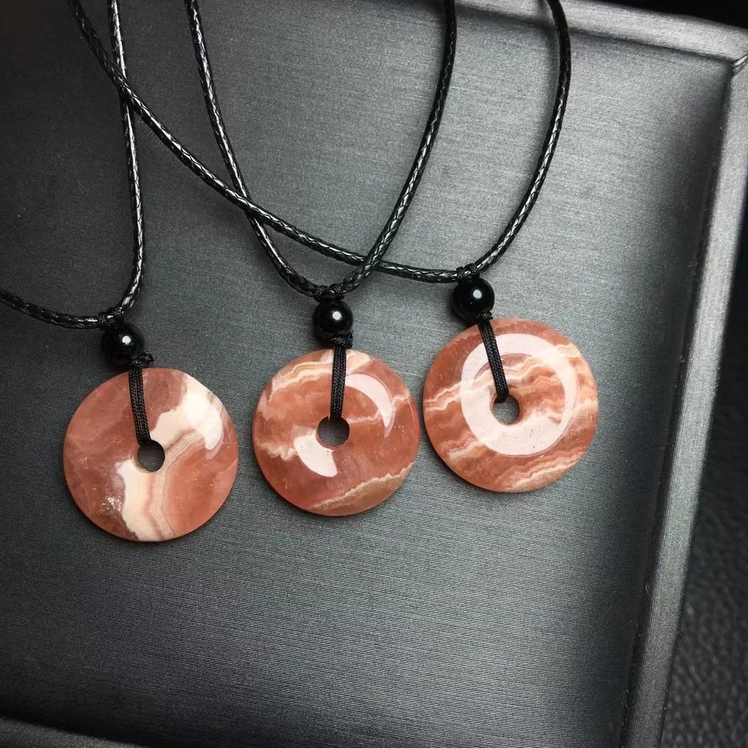 1 Pc Fengbaowu Natural Argentina Rhodochrosite Donut Pendant Wax Cord Reiki Healing Stone Fashion Jewelry Gift For Women Men