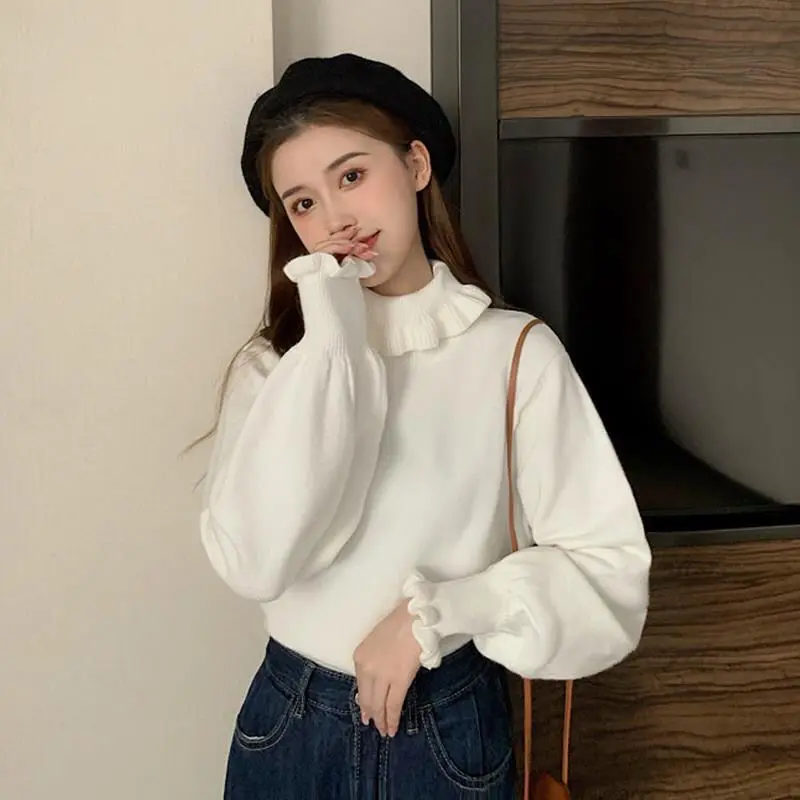 Ruched Turtleneck Pullovers Women Casual Sweet Cute Students Preppy Japanese Style Solid Sweaters Long Sleeve Pull Femme  Autumn