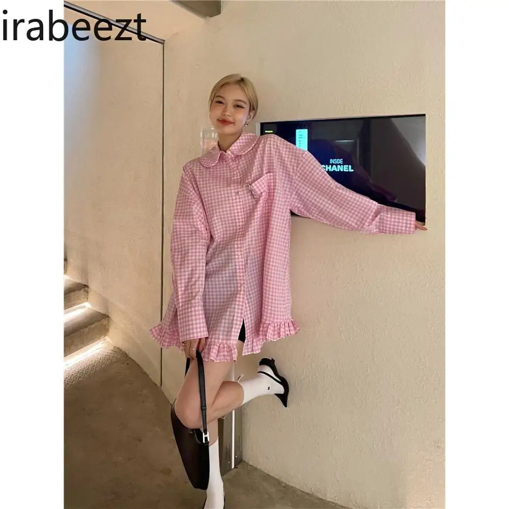 

New Pink Checkered Shirt Dress Women Turn Down Collar Lace Trim Blouse Long Sleeve Oversized Top Spring Autumn Casual
