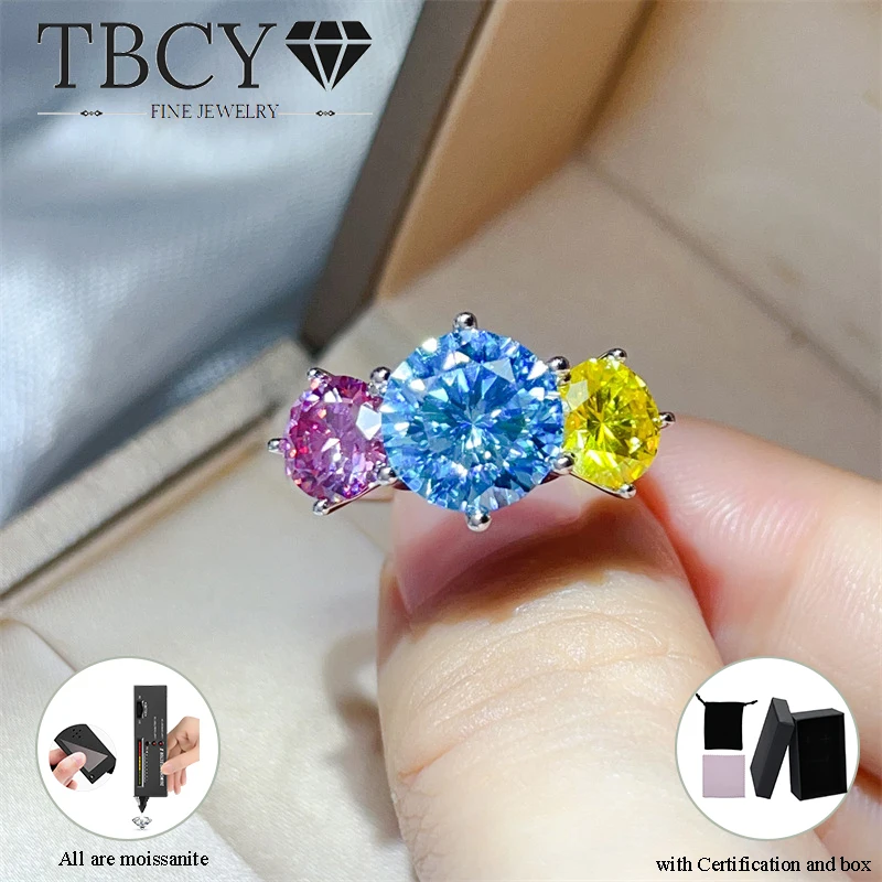 

TBCYD сверкающие 5CT 3-цветные кольца с муассанитом для женщин, оригинальное серебро 925 пробы, цвет D, три тона, качественные вечерние украшения радуги