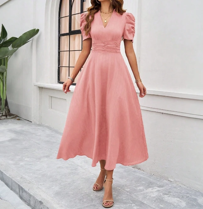 

Spot Qianbei Girls' 2024 Summer Explosive Elegant Temperament Single Color Waist V-Neck Bubble Sleeve High Waist Dress