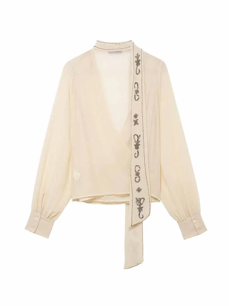 HH Frau Sommer Mode Elegante Lange Ärmel Tiefem V-ausschnitt Georgette Stoff Perlen Schal Dekoration Sexy Hemd Weibliche Süße Tops