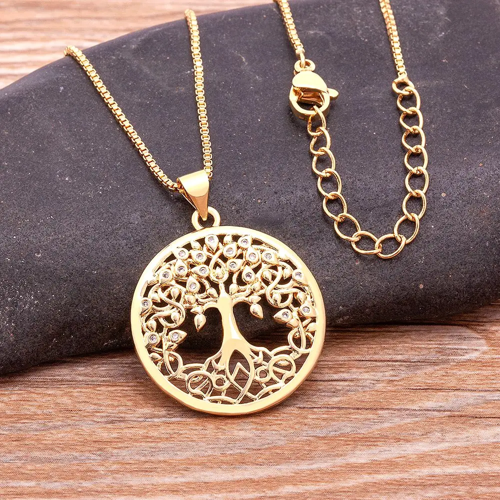 Nidin Trendy Custom Tree of Life Necklace for Women Gold Plated Round Pendant Zircon Jewelry Parents Christmas Gifts Wholesale