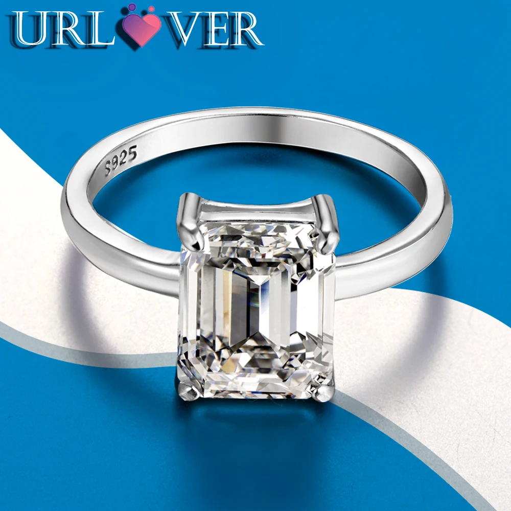 URLOVER 4ct 8*10mm D Color Moissanite Ring s925 Sterling Sliver White Gold Diamond Rings For Women Wedding Band Engagement Gifts