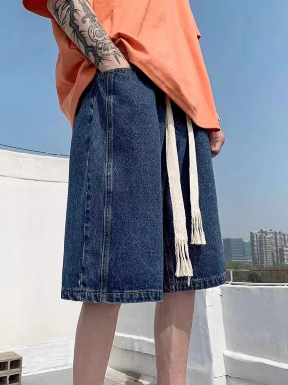 

Hong Kong Sle Retro Large Size Denim orts Men's Summer Thin Loose Casual Trendy Five-Part Pants High Waist Dstring Jeans