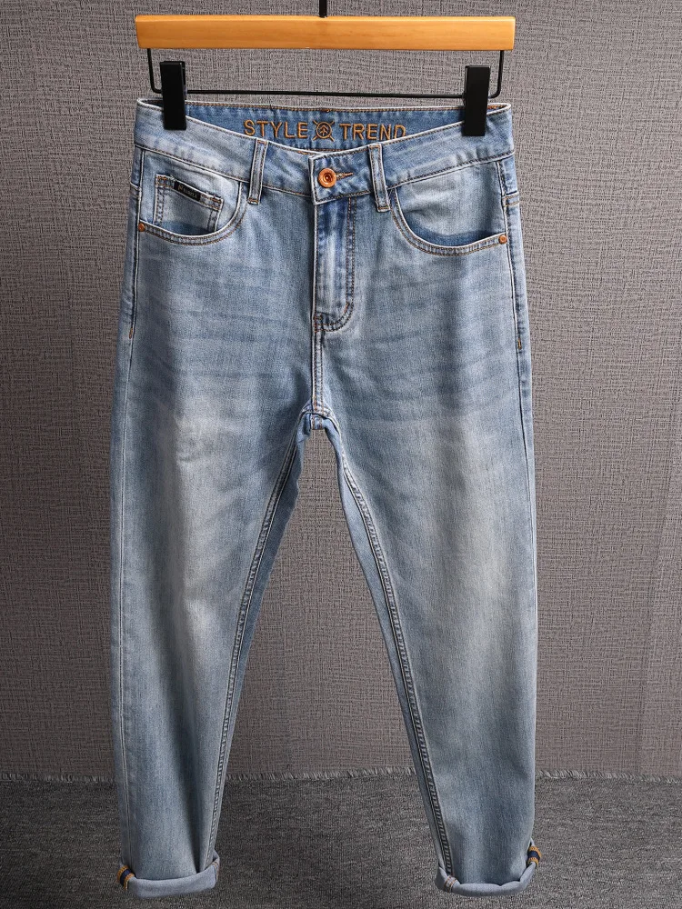 Высококачественные светлые джинсы, мужские летние тонкие мягкие эластичные тонкие маленькие повседневные брюки с прямыми штанинами