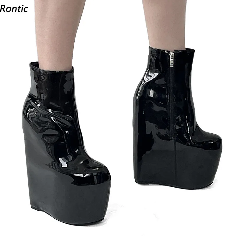 

Rontic новые женские зимние ботильоны на платформе с лакированной молнией на танкетке, высокие каблуки с круглым носком, синие, черные туфли для косплея, размер США 5-15