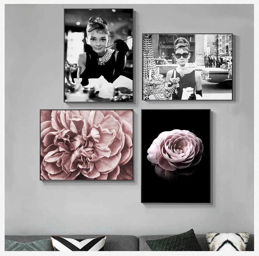 Print Flower Painting Motivational Decorative Picture Modern Decor Audrey Hepburn Black White Fashion Canvas Wall Art