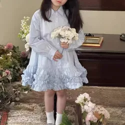 Autumn Girls' Dress Long Sleeved Shirt Collar Patchwork Dress Cake Skirt 2024 Spring Fashion New Children Clothing Kids Outfit