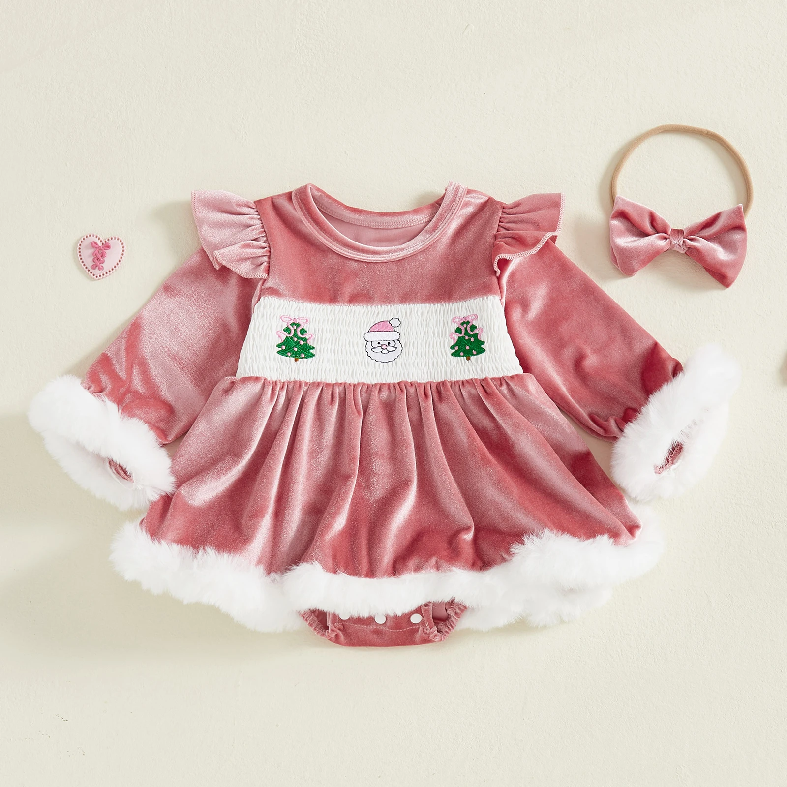 

Baby Girls Christmas Outfits Long Sleeve Velvet Romper Dress with Headband Set Newborn Two Pieces Clothes Sets