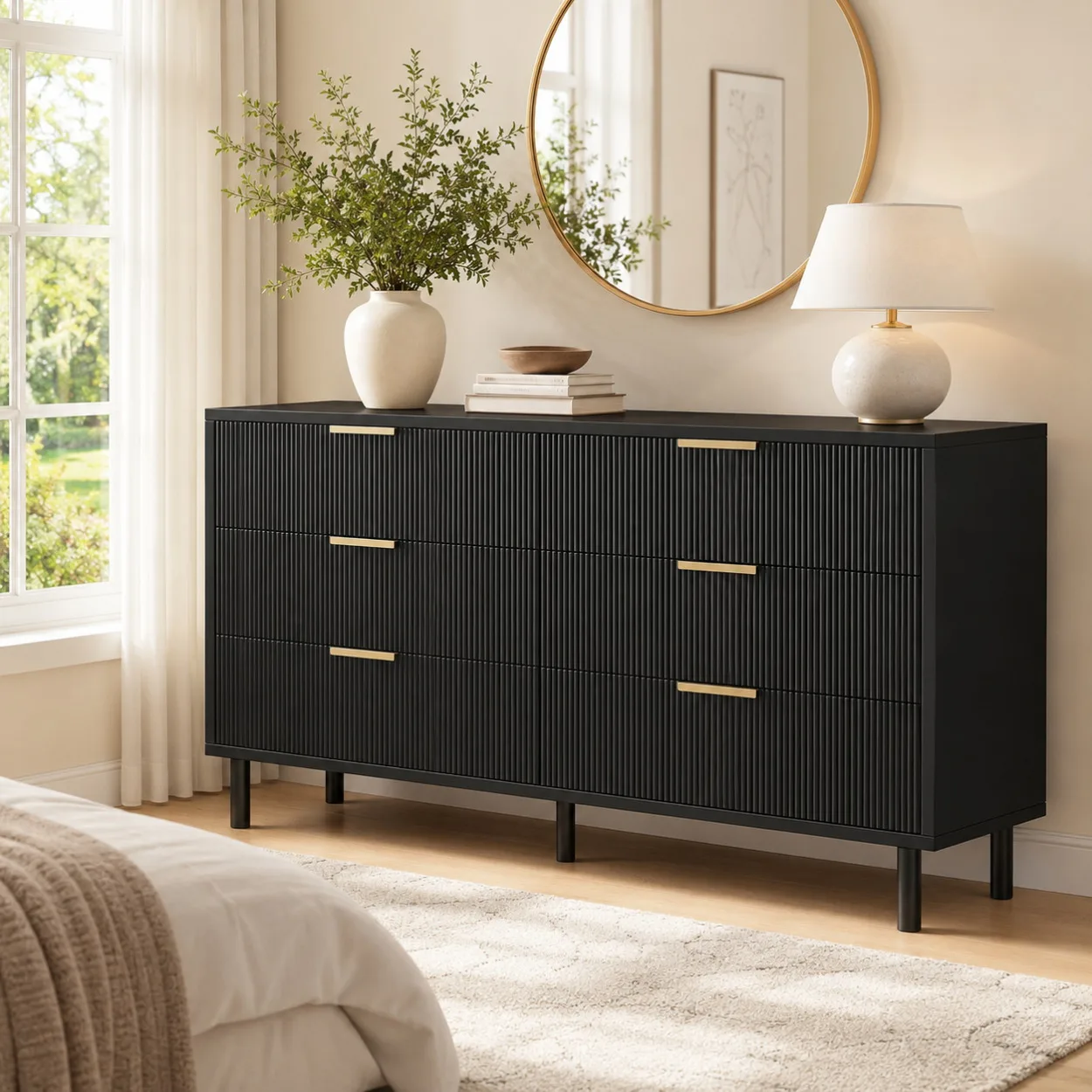 6 Drawer Storage Chest with Fluted Front Design, Wide Wood Dresser Cabinet with Metal Base for Home Organization image 3