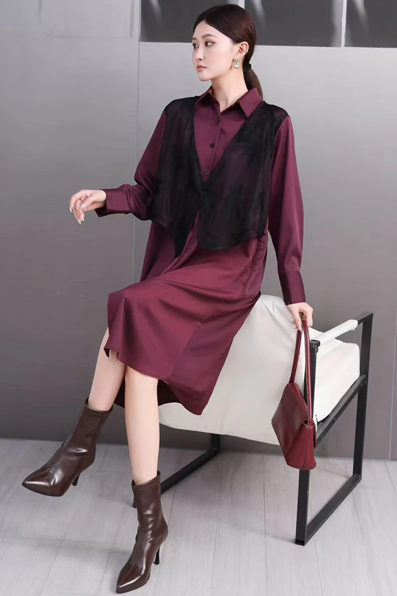 2025 Herfst Elegante Vrouwen Losse Casual Retro Patchwork Shirts Lange Jurken Vrouwelijke Lange Mouw Jurk Groothandel J2062