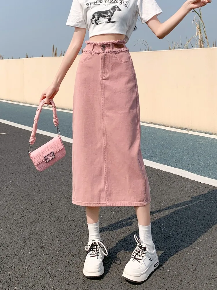 

GUUZYUVIZ High Waist Denim Skirt Women Pink A-line Long Slim Wrapped Hip Jean Skirts For Ladies