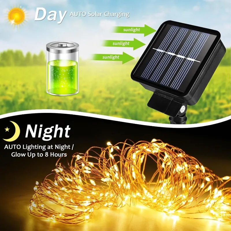 Luci a corda solari per esterni Lucine a LED con filo di rame a 8 modalità per la decorazione di Halloween di nozze di alberi di feste di Natale