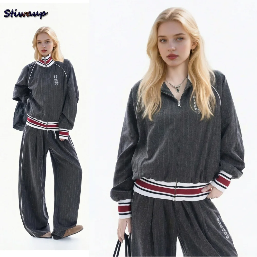 

Женский спортивный костюм на молнии, повседневный, в полоску, вязаный, весна 2026, комплект из двух предметов, свободные брюки, женский комплект из двух частей