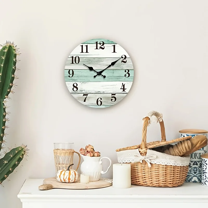 A Round Wall Clock with White and Green Contrasting Wood Grain, Minimalist Living Aesthetic, Silent Non-ticking, Back-to-school Season Gift, Suitable for Home Decor and Gifting, AA Battery Not Included