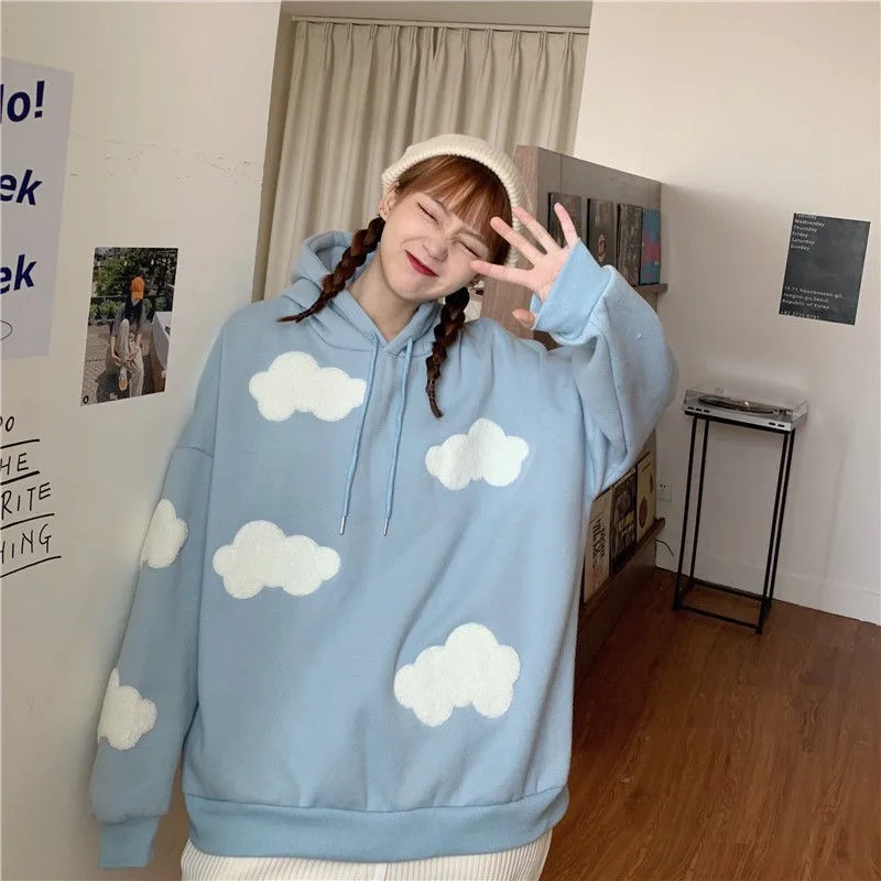 Autumn Winter Women Long Sleeve Casual Pullover Blue Sky White Clouds Soft Hooded Tops Y2k Lady Sweater Jumper Loose Sweatshirt