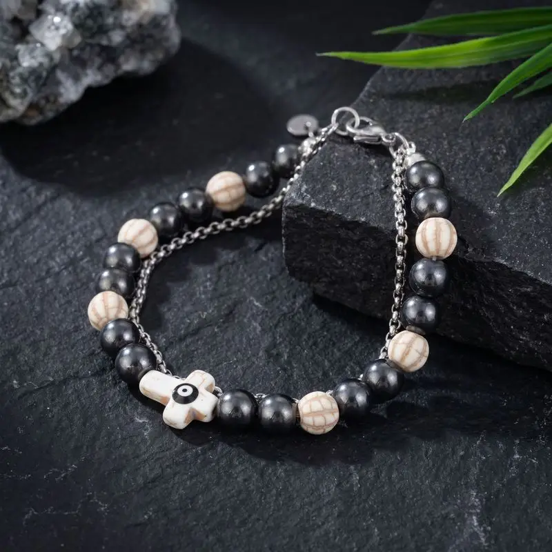 Hematite and retro carved bead double chain bracelet cross evil eye charm unisex vintage wrist accessory