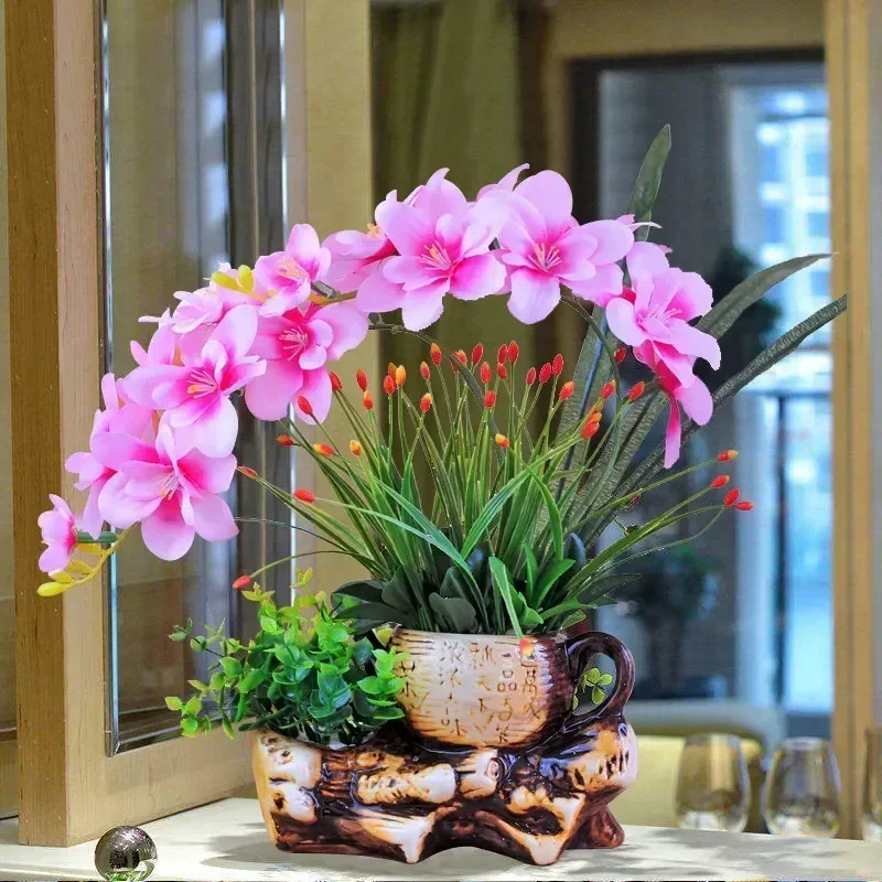 

Creative Ceramic Vase Phalaenopsis Artificial Flower Set Butterfly Orchid Fake Flower Arrangement Home Office Desktop Ornaments