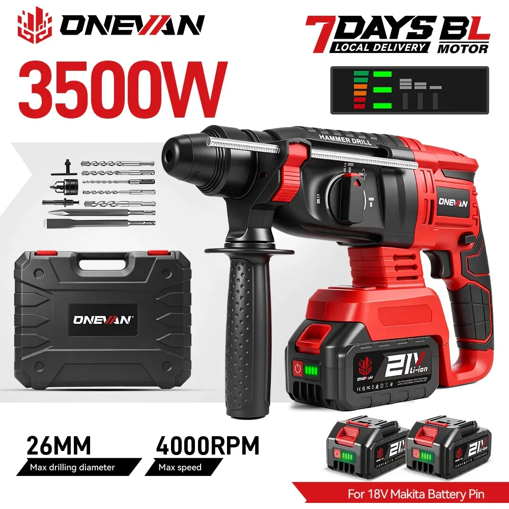 Marteau perforateur rotatif électrique sans fil ONEVAN 3500W, 4000 tr/min, perceuse à percussion portable, outil électrique pour visser, compatible avec batterie Makita 18V.