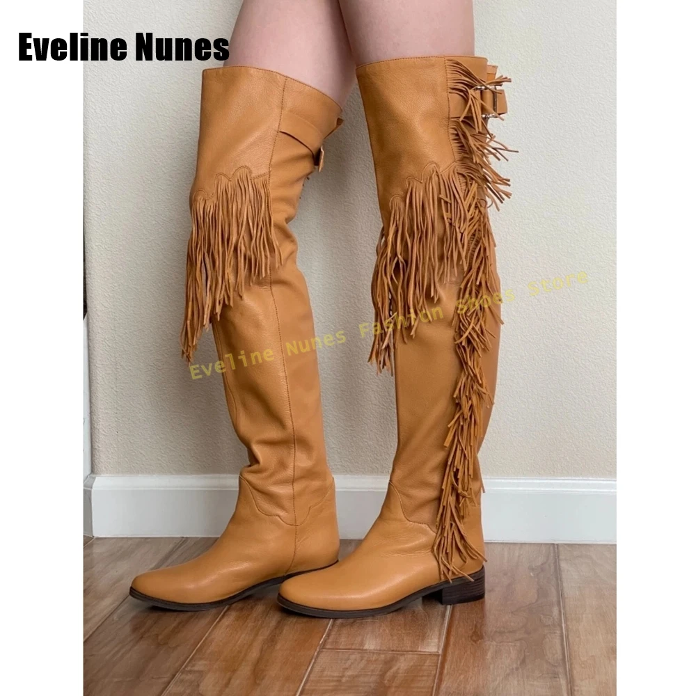 

Sexy Fringe Over The Knee Boots Round Toe Chunky Heels Belt Buckle Patchwork Women Long Boots Western Cowboy Boots 2025 Newest
