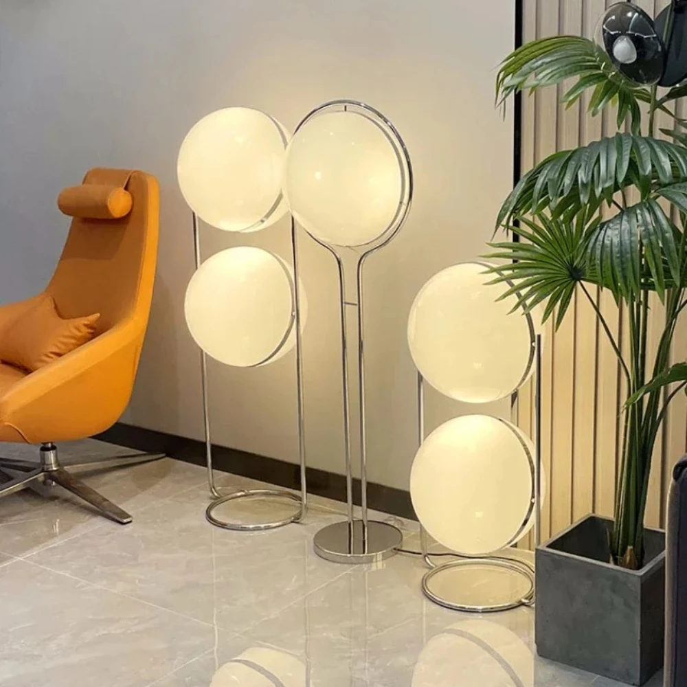 White Acrylic Ball Floor Lamp Planet Round Chrome Metal Decor LED Light Living Room Bedroom Sofa Side Lounge Decoration Lamp