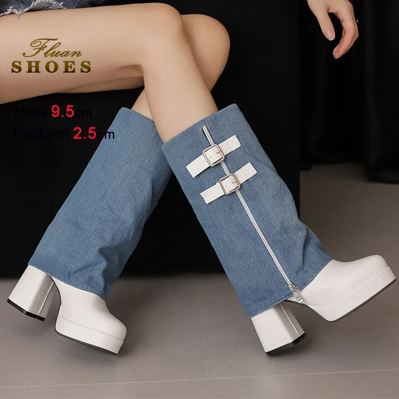

Winter Blue Denim Patchwork Women's Knight Boots Belt Buckle Zipper Decorate Knee High Boots Chunky Heels 9cm Platform Long Boot