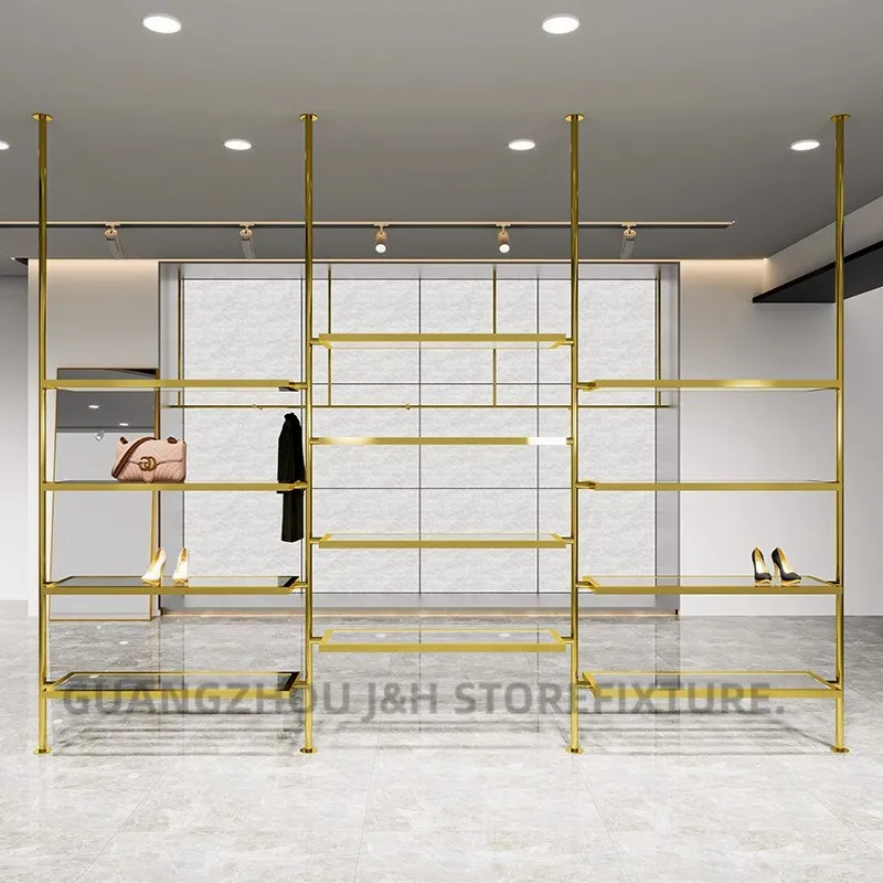 Customized Wall Shelf Shoe Retail Store Shelving System Ceiling Mounted Mirror Gold Acrylic Handbag Boutique Display Shelves