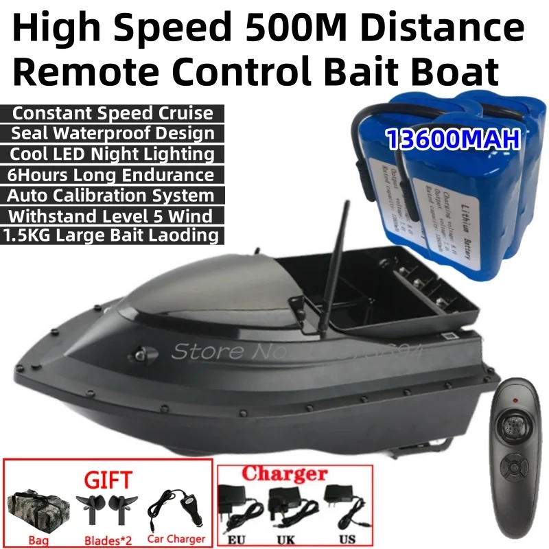 

High Speed 500M RC Fishing Boat 1.5KG Load 6Hour Auto Calibration Constant Speed Cruise LED Night Light Remote Control Bait Boat