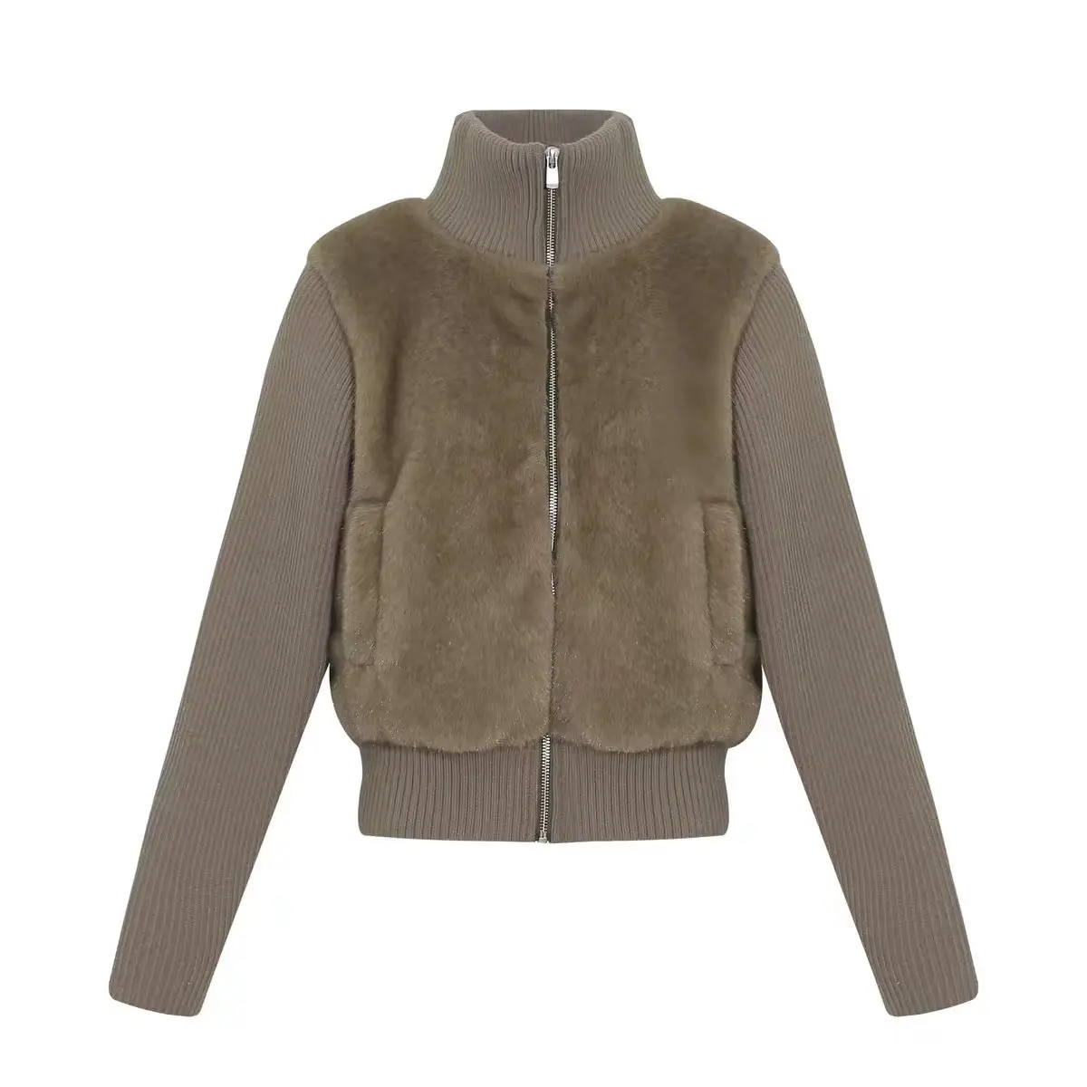 Women's Khaki High Collar Long Sleeve Spliced Knitted Jacket French Elegant Streetwear Aesthetic Retro Knitwear Outerwear