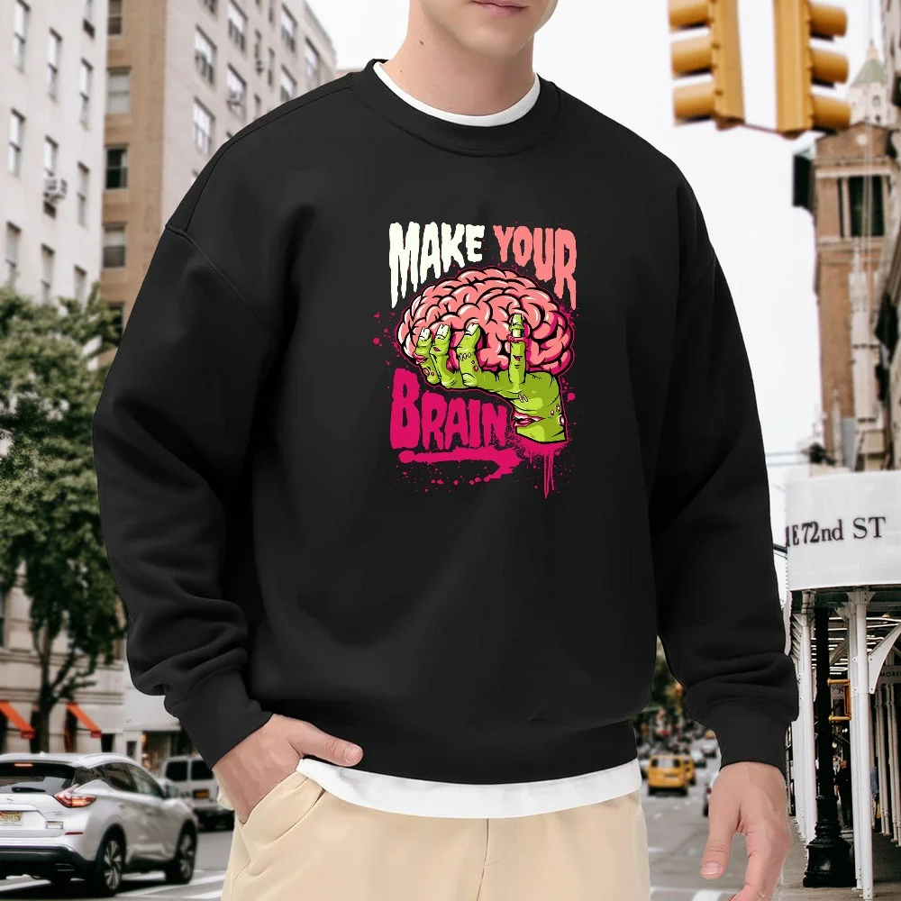 

Men's Black Crew Neck Loose Sweatshirt with Fun Brain Print, Street Style Trendy Top, Casual Comfortable Pullover, Personalized Creative Pattern, Trendy Youth Style