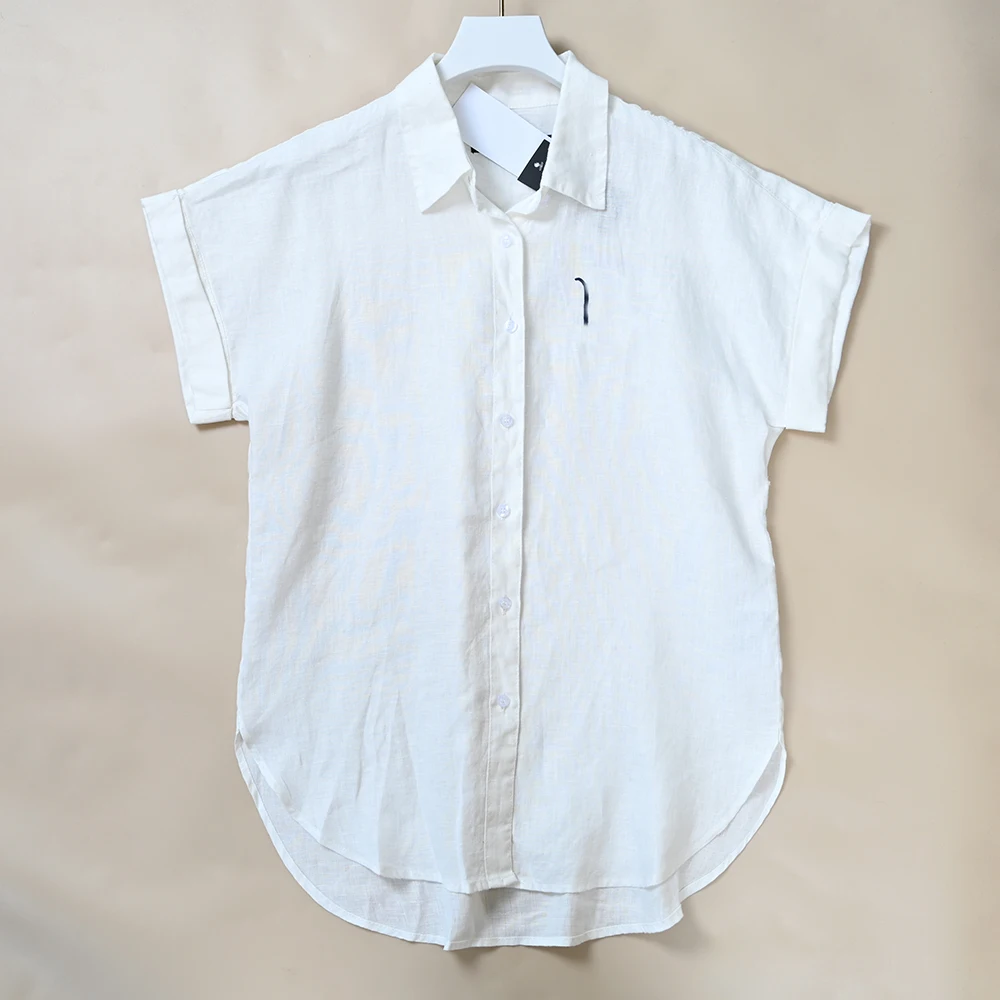 

Ladies Commuter Style Embroidered Short Sleeve Shirt Linen Material Turn up Hem Shoulder to Shoulder Design Breathable Skin F...