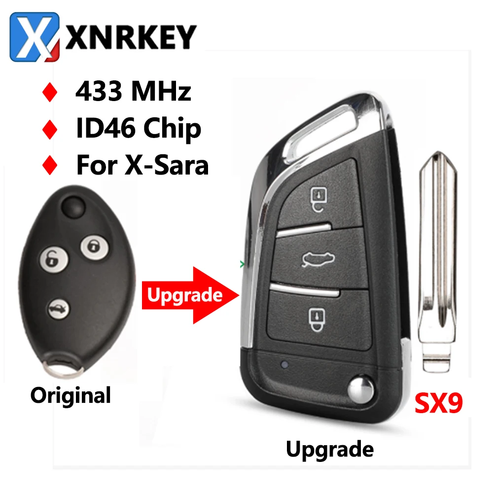 XNRKEY 3 Button Upgraded Flip Remote Car Key Fob ID46 Chip 433Mhz for Citroen X-Sara C3 C5 Before 2009 with Uncut SX9 Blade