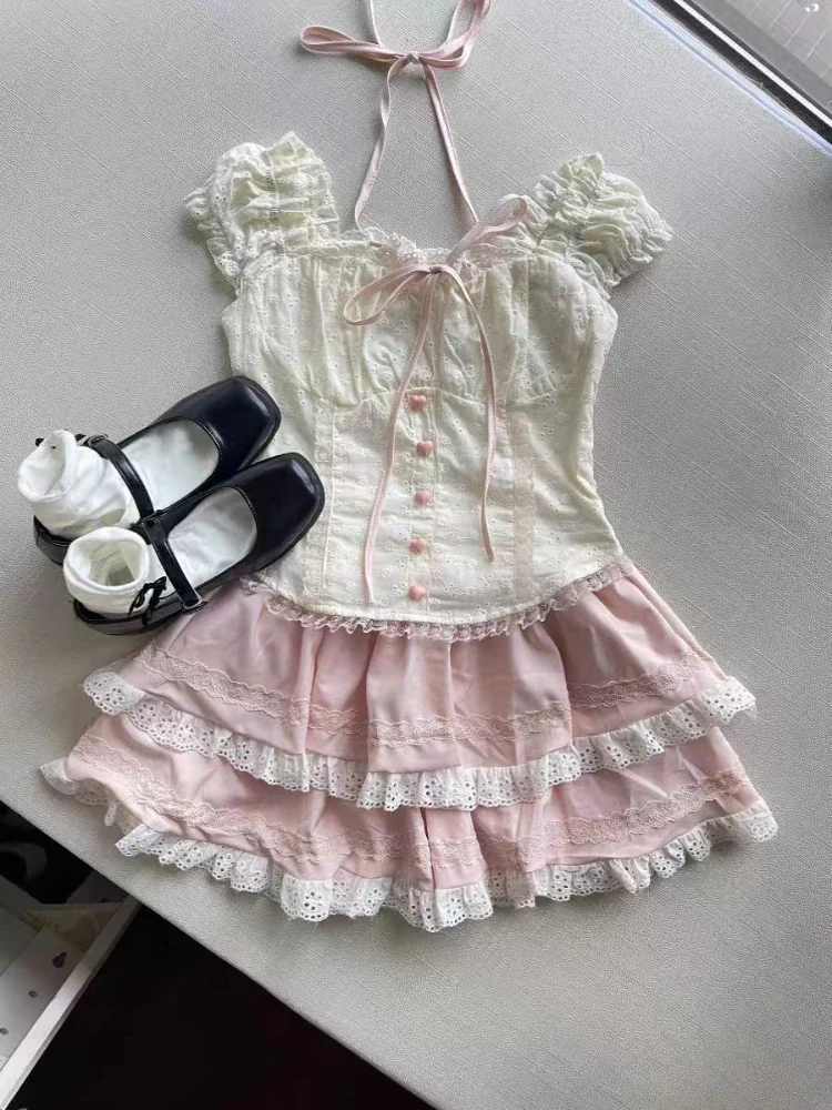الصيف الحلو مائل الرقبة ضئيلة 2 قطعة مجموعة النساء Kawaii قبالة الكتف Y2k المحاصيل القمم + لطيف تنورة صغيرة جميلة الجنية وتتسابق جديد 2025