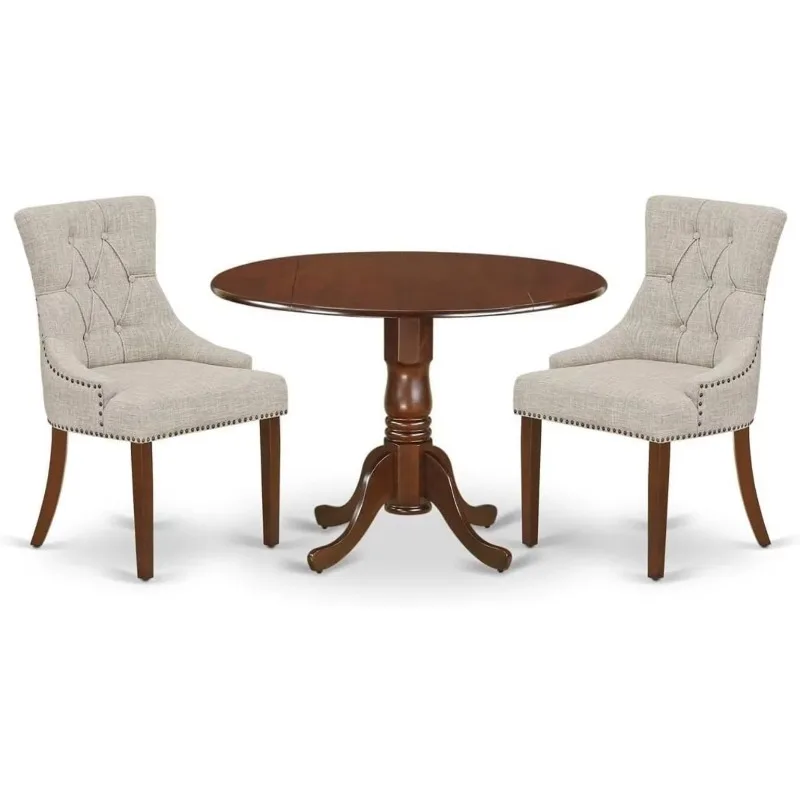 3 Piece Dinette Set for Small Spaces Contains a Round Dining Table with Dropleaf and 2 Linen Fabric Chairs, Mahogany