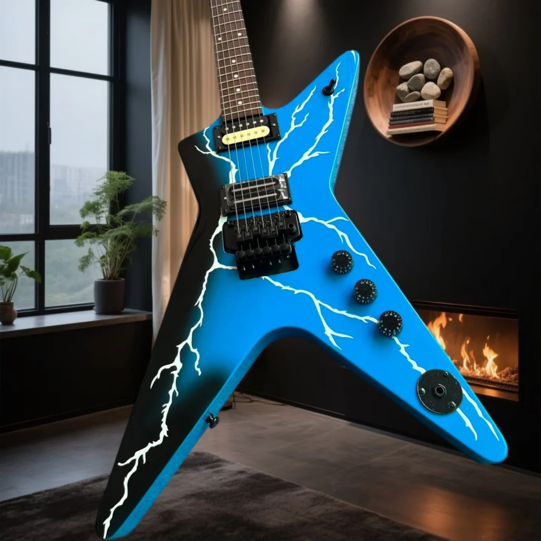 Lightning Bolt Graphic Black Half Split Body Electric Guitar Dual HB Pickups Thick Tone Full Distortion Heavy Metal Hard Rock