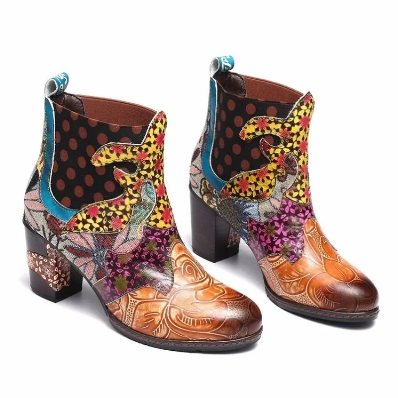 Women's Fashion Chunky Single Boots Autumn New Round Head Printed Sleeve Comfortable High Heel Ankle Boots