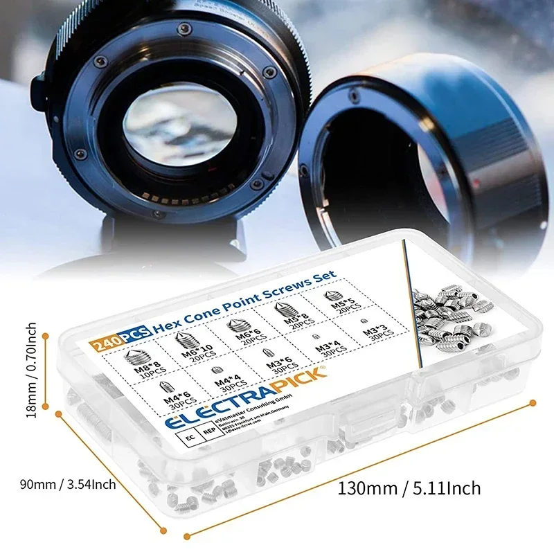 240-teiliges Edelstahl-Innensechskantschrauben-Set M3/M4/M5/M6/M8 Gewindestifte mit Kegelspitze & Konischem Ende Langlebige Befestigungselemente – Detail 6