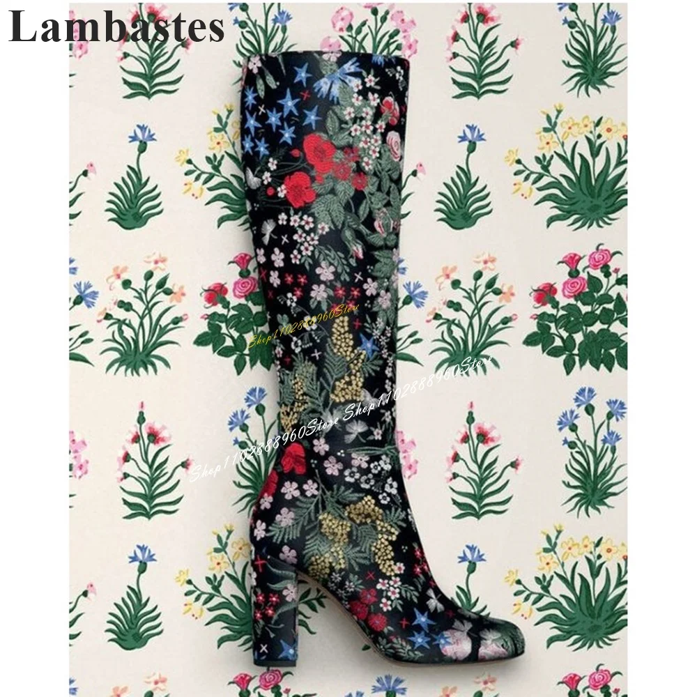 

Knee High Mixed Color Flower Print Boots Chunky High Heel Shoes For Women Side Zipper Round Toe 2024 Fashion Zapatillas Mujer