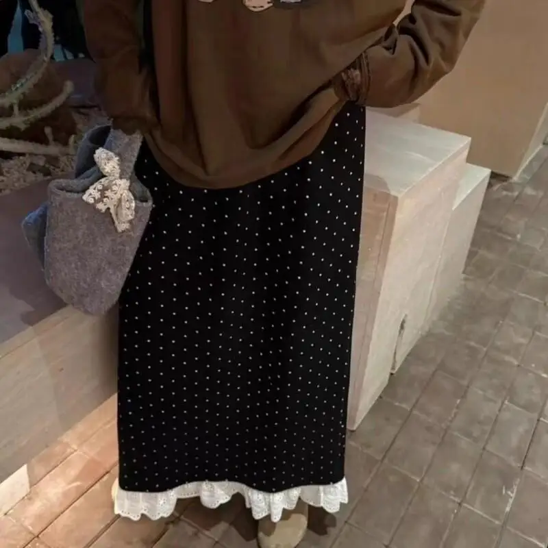Gonna da donna Autunno e Inverno Gonna a pois in pizzo Donna 2025 Inverno Nuovo stile Gonna dritta in lana ispessita vintage in pile