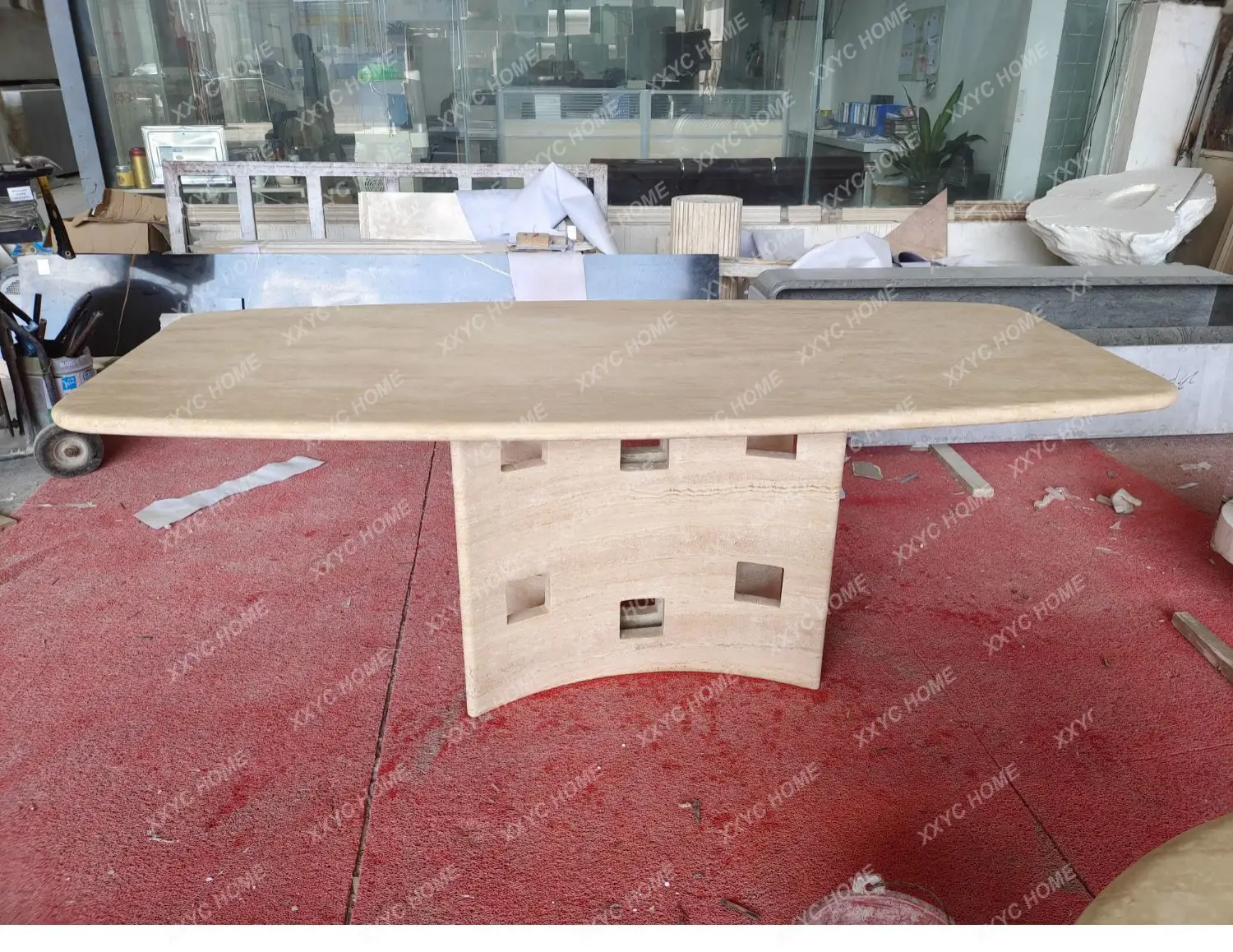 

Natural Marble Dining Table Rectangular Wabi Wind Hotel Villa Designer Travertine High-end Style