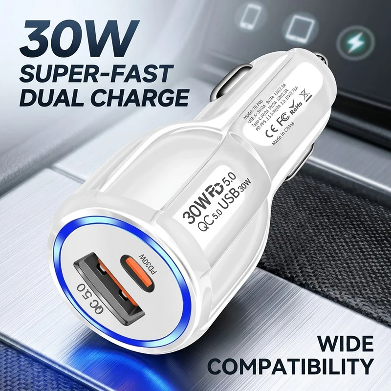 

30W PD Type C Car Charger QC 5.0 Dual USB Port Fast Adapter with Blue LED Indicator Works with Mobile Phones Dash Cam For iPhons