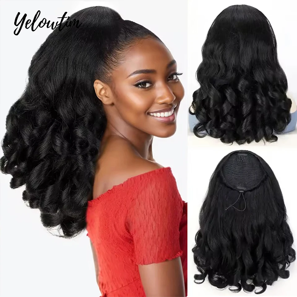 16 بوصة الاصطناعية الرباط ذيل حصان تمديد رقيق مجعد متموج ذيل حصان وصلات شعر للنساء السود الاستخدام اليومي للحفلات