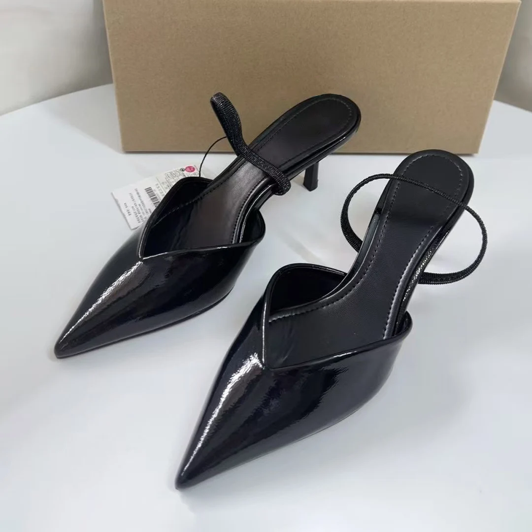 TRAF Frensh Style Stilettos Slingbacks Concise Women's Point Head Mid Thin Heel Pumps Shoes Summer Black Partent Leather Sandals