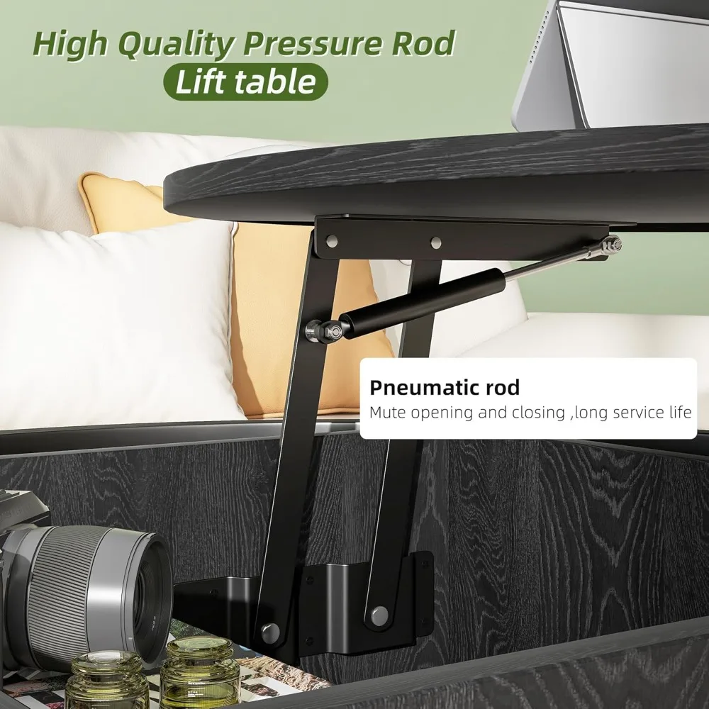 Table basse ronde relevable, tables basses de salon, table basse noire avec compartiment de rangement caché, café de ferme en bois