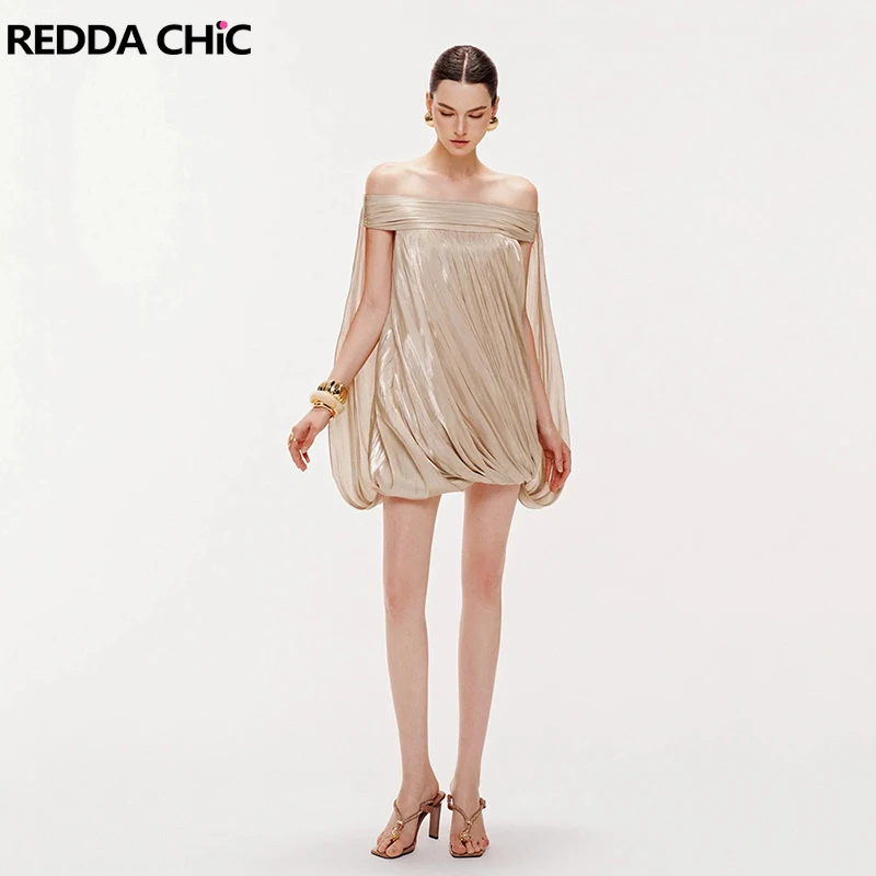 

Глянцевое мини-платье REDDACHiC цвета шампань: элегантное, на одно плечо, свободного кроя, для вечеринок и свадеб, женская одежда
