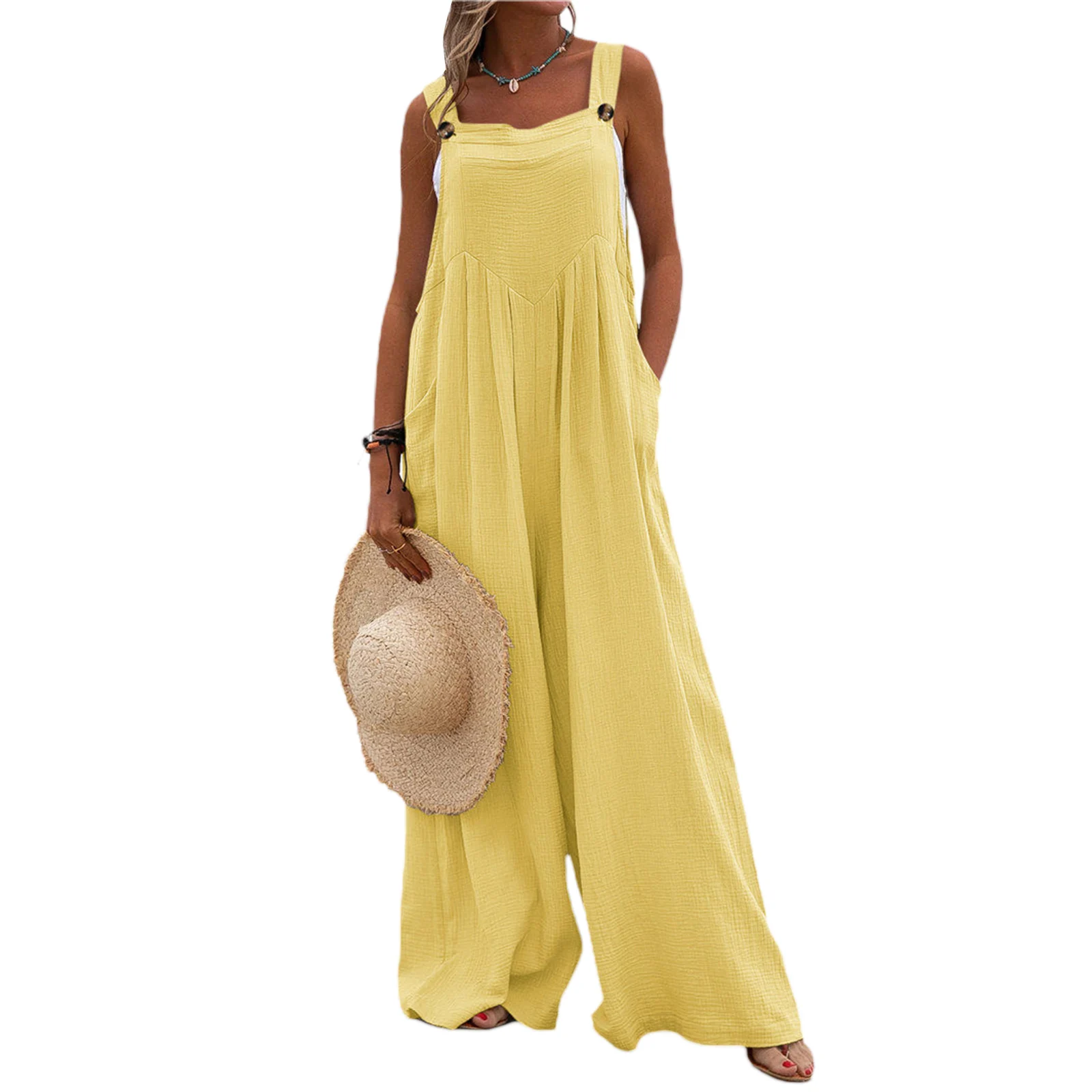 Women’s Summer Casual Loose Jumpsuit Fashion Solid Color High Street Button Overalls Wide Leg Suspender Pants With Pocket