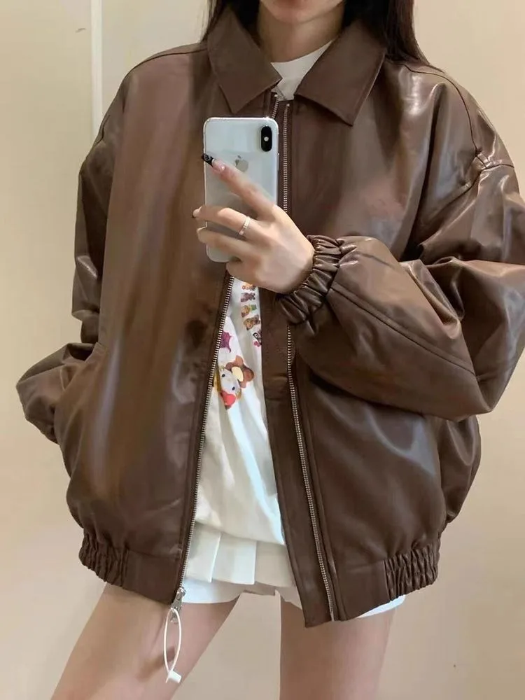 Marrom estilo coreano longo jaqueta de couro feminino vintage casual solto moto jaqueta de couro feminino 2025 outono streetwear moda casaco