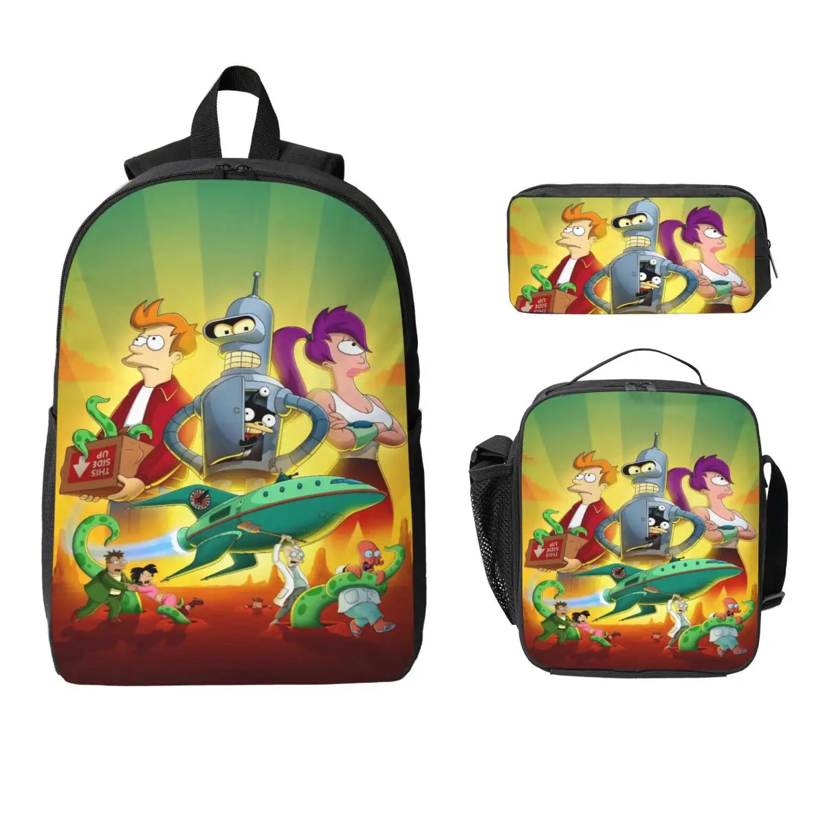 3Pcs Futuramas Cartoon Comic merch Backpack Set for Kids Pencil Boxes Bookbag Sets with Lunch Box For School Students Knapsack